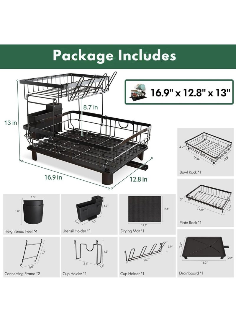 LIMOS Dish Drainer Rack, 2 Tier Dish Drainer with Drip Tray and Drainer Mat, Stainless Steel Dish Rack with Utensil Holder, Swivel Spout, Draining Board for Kitchen Counter, Black - Image 2